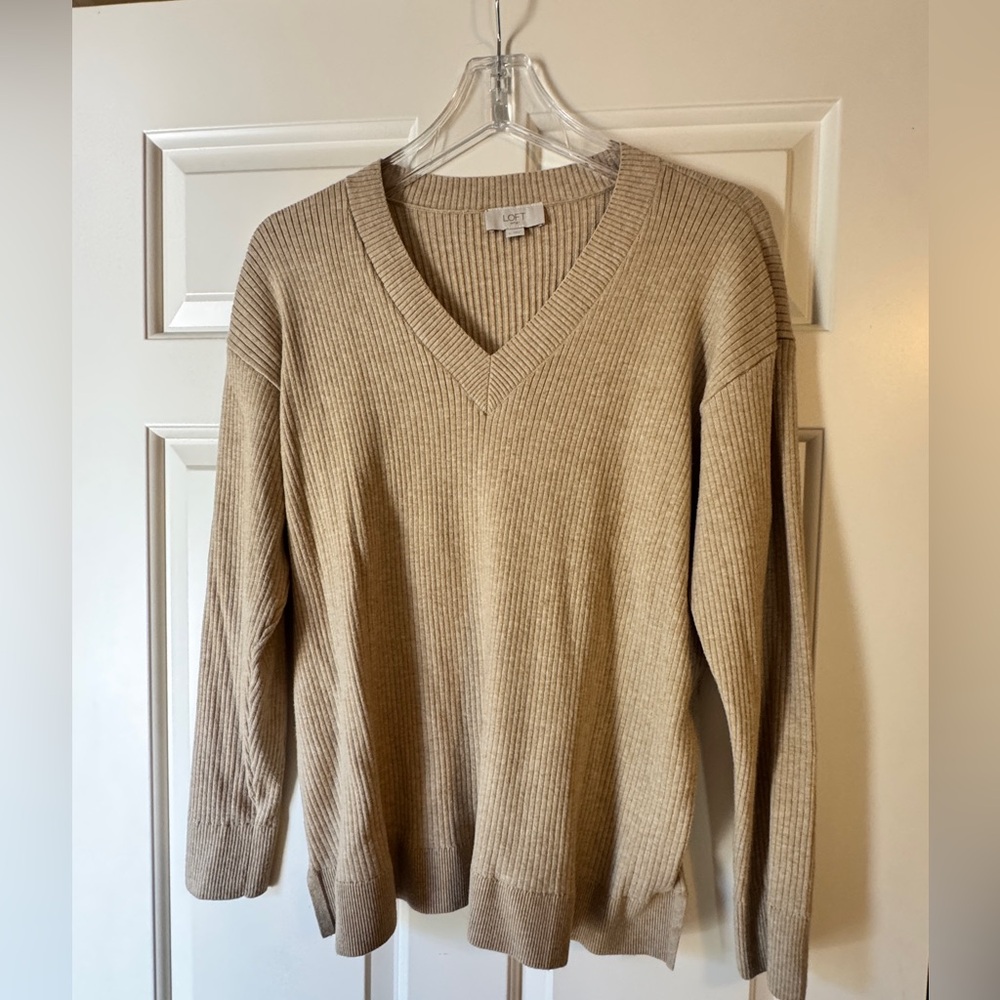 LOFT Outlet Tan Ribbed Knit TV Neck top and matching drawstring pants.